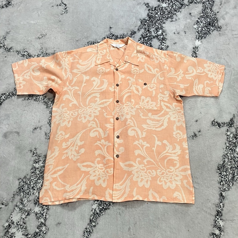 Genelli 100%‎ Linen Peach Floral Hawaiian Camp Button Front Shirt Mens Sz Large